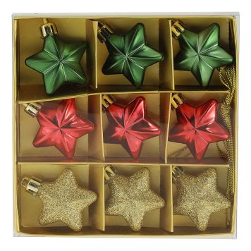 JULETREKULER STJERNER RØD/GULL/GRØNN 9STK