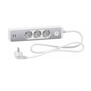 SKJØTELEDNING SCHNEIDER ELECTRIC 3-VEIS 2XUSB 1,5M HVIT/ALU