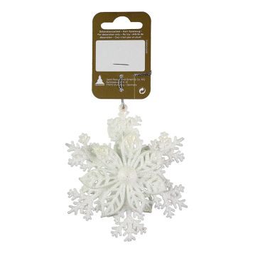 JULETREPYNT BLOMST PÅ SNØFNUGG GLITTER 10CM HVIT                       