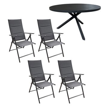 HAGEMØBELSETT SUNFUN SHILLINGE BORD + 4 POSISJONSSTOLER LINA SVART