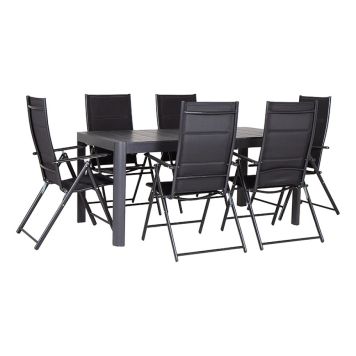 HAGEMØBELSETT SUNFUN STENVIK BORD + 6 POSISJONSSTOLER LINA SVART