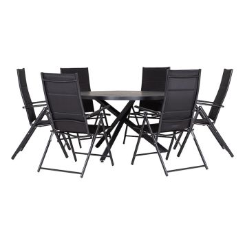 HAGEMØBELSETT SUNFUN SKILLINGE BORD + 6 POSISJONSSTOLER LINA SVART