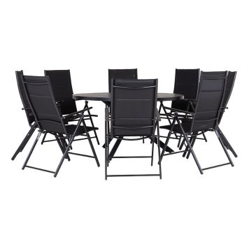 HAGEMØBELSETT SUNFUN SHILLINGE BORD + 8 POSISJONSSTOLER LINA SVART
