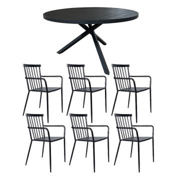 HAGEMØBELSETT SUNFUN SKILLINGBORD + 6 STABLESTOLER SARA SVART