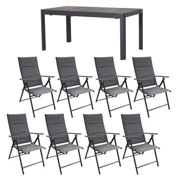 HAGEMØBELSETT SUNFUN STENVIK BORD + 8 POSISJONSSTOLER LINA SVART
