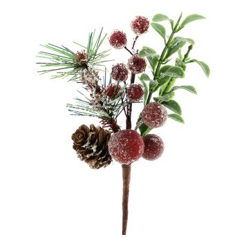 JULEPYNT KVIST MED BÆR OG KONGLER 16CM GRØNN/RØD