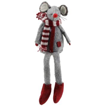 JULEPYNT SITTENE MUS 20X10CM GRÅ/RØD